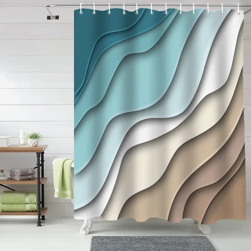 Vista 6 de BestLives Cortinas de ducha verde azulado azul moderno geométrico cortina de baño marrón abstracto ola océano impermeable tela de poliéster cortina