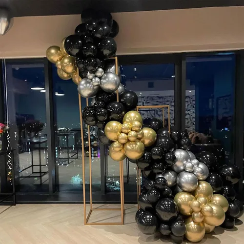 Vista 6 de Kit de arco de guirnalda de globos negros dorados plateados 144 piezas de diferentes tamaños, decoraciones para año nuevo, cumpleaños, boda