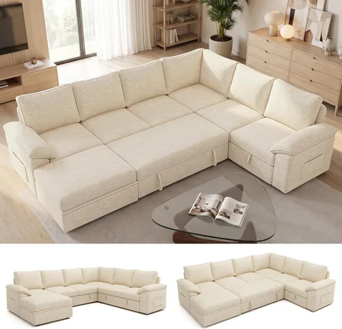 Vista 11 de Sofá modular de 85 pulgadas con cama extraíble, sofá modular de 5 asientos en forma de L con almacenamiento, sofás seccionales para sala de estar