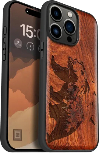 Vista 19 de Carveit Funda de madera para iPhone 15 Pro Max, calendario azteca, cereza