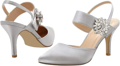 Vista 2 de ERIJUNOR Zapatos de tacón medio para mujer, con punta puntiaguda, broche de diamantes de imitación, zapatos de vestir de satén, zapatos de noche