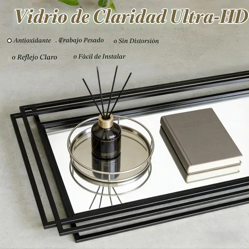 Vista 5 de Espejo de pared rectangular decorativo de 24 x 18 pulgadas con marco de metal negro Geometric Design, HD Mirror, Horizontal/Vertical Hanging, Art