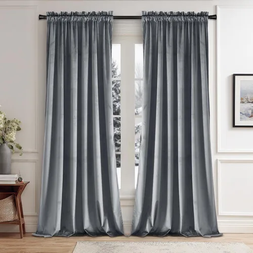 Vista 62 de JIUZHEN Cortinas de terciopelo beige de 63 pulgadas de ancho x 63 pulgadas de largo, cortinas de terciopelo retro suaves con bolsillo para barra