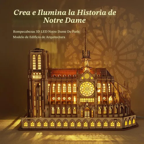 Vista 2 de FUNPOLA Rompecabezas 3D de Madera LED - Modelo de Arquitectura de Notre Dame de París Edición Nocturna con Iluminación LED - Kit de Artesanía