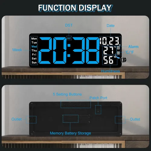 Vista 8 de JoFomp Reloj de pared digital grande de 17.3 pulgadas, reloj digital LED con control remoto, reloj despertador