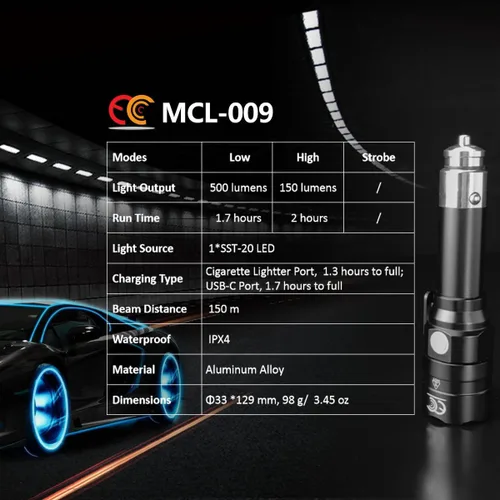 Vista 6 de Linterna pequeña recargable con encendedor de cigarrillos de coche de 12 voltios y USB C para vehículos de emergencia, herramienta de escape