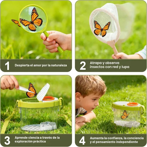 Vista 5 de Dreamon Herramientas de jardinería para niños y kit de atrapador de insectos, juguetes para exteriores 2 en 1 con carretilla y casa de insectos