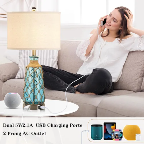 Vista 3 de Ruzectt Lámparas de mesa de cristal costero, lámparas de noche regulables de 3 vías con control táctil con 2 puertos USB y salida de CA, lámparas