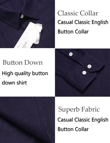 Vista 5 de COOFANDY Camisa casual con botones para hombre, camisa de cambray de lino de manga larga