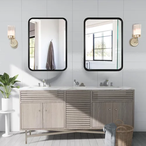 Vista 2 de WallBeyond - Espejo de madera de 18x24 pulgadas para baño, espejo de pared con marco de madera estilo granja, espejo rectangular montado en la pared