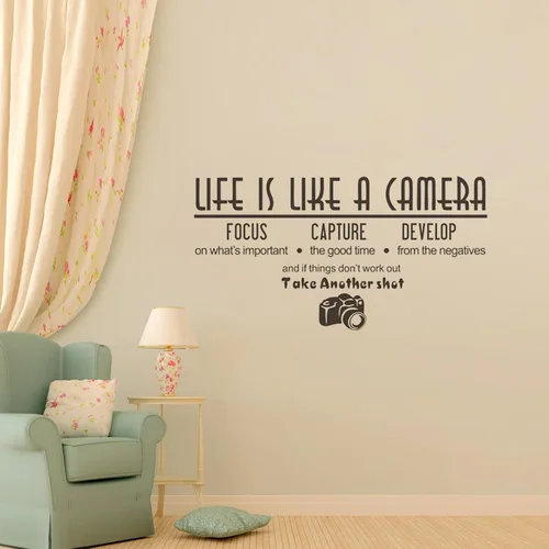 Vista 3 de Adhesivo decorativo para pared, diseño de la vida artística es como una cámara, vinilo con cita de fotografía, decoración de pared extraíble