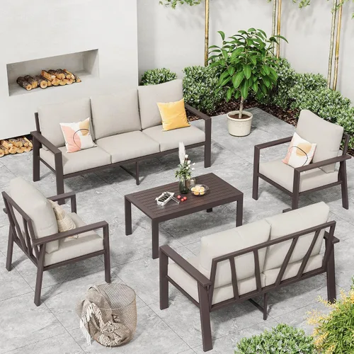 Vista 7 de Juego de muebles de aluminio para exteriores para todo tipo de clima, sofá seccional con mesa auxiliar y cojines con fundas extraíbles para terraza