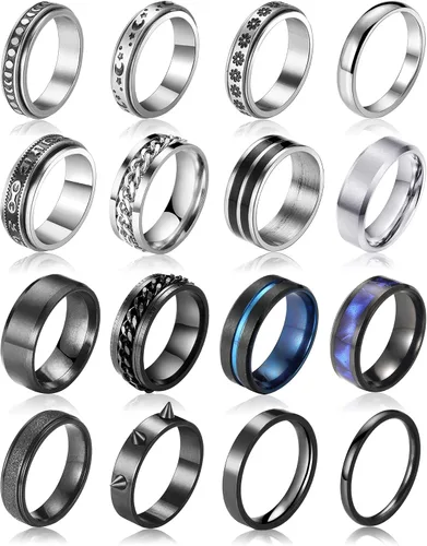 Vista 2 de FAXHION Anillos de acero inoxidable para hombres y mujeres, anillos punk abiertos de plata vintage para hombres y mujeres, Plata, acero inoxidable
