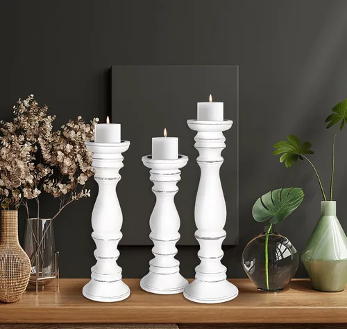Vista 13 de Juego de 3 candelabros de pilar de madera de granja - Portavelas altos rústicos hechos a mano para decoración del hogar, centros de mesa, bodas