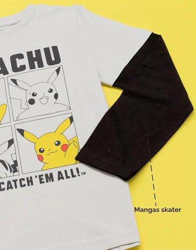 Vista 4 de Pokemon Camiseta Niños Niños Skater Ropa Gris Pikachu Game Top