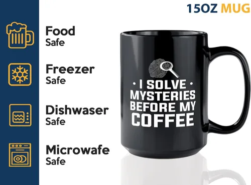 Vista 4 de Taza de café detective de 15 onzas, color negro - I solve mysteries - Oficial de policía policía patrulla detective sheriff aplicación de la ley