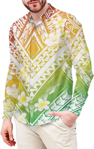 Vista 21 de Camisa de guayabera polinesia para hombre, patrón de Samoa Americana, vintage, cuello en V, manga larga, hawaiana, camisas de vestir para hombres