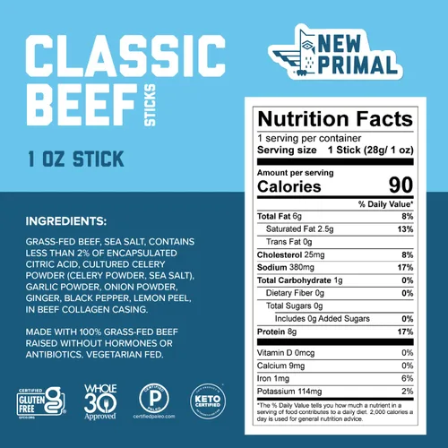 Vista 2 de The New Primal Palito de carne de res clásico, aprobado por Whole30, Paleo, Keto, básico de despensa, certificado sin gluten, bajo en carbohidratos