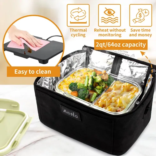 Vista 4 de Aotto Lonchera eléctrica portátil con calentador de alimentos para horno - 12V/24V 2-en-1 calentador de alimentos para coche, lonchera térmica