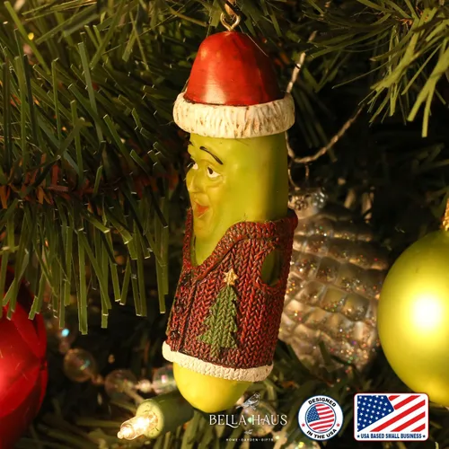 Vista 4 de Jolly Pickle - Adorno festivo para árbol de Navidad, figura de resina de 4 pulgadas, decoración navideña, regalo divertido ideal para intercambio