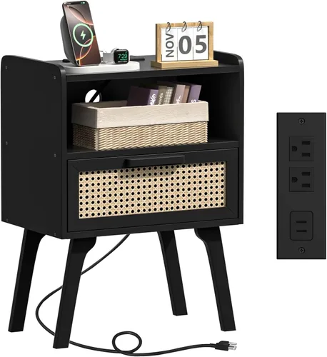 Vista 12 de Lerliuo Rattan Nightstand with Charging Station, Boho Night Stand Natural