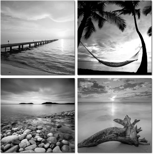 Vista 8 de sechars - Arte de pared de playa en blanco y negro, pintura de paisaje marino, paisaje de amanecer, imagen giclée, lienzo enmarcado para sala