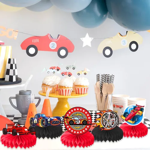 Vista 6 de 9 piezas de centros de mesa de nido de abeja de carreras con temática de cumpleaños, centro de mesa de superauto, decoración de mesa, regalos