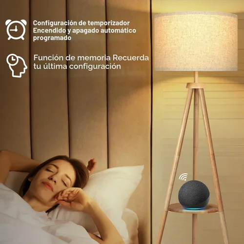 Vista 6 de OUTON - Lámpara de pie con trípode y estantes, lámpara de pie de madera de mediados de siglo regulable con control remoto, 4 temperaturas