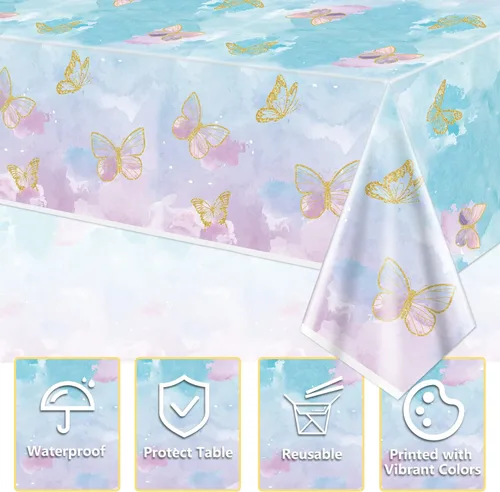 Vista 3 de 4 manteles de fiesta de mariposas, mantel de decoración de cumpleaños de mariposa, manteles rectangulares coloridos con diseño de mariposa