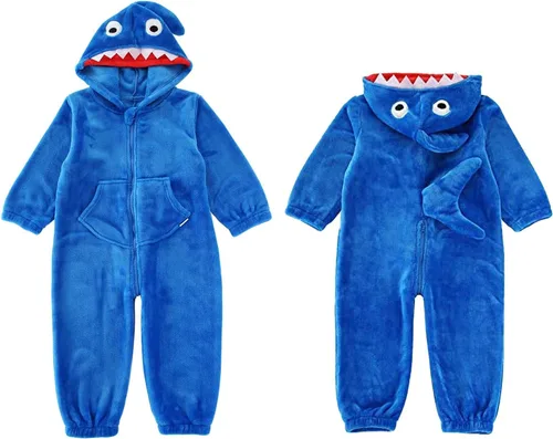 Vista 7 de LOLANTA Disfraz de tiburón de dinosaurio para niños y niñas, overol de franela de animal suave de una pieza para niños, vacaciones, cumpleaños