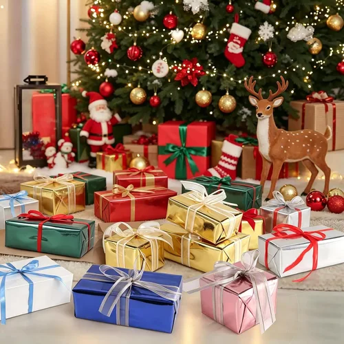 Vista 6 de Papel de regalo rojo de Navidad, papel de regalo con líneas de corte