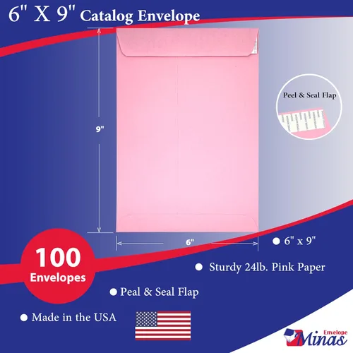 Vista 2 de 100 sobres de catálogo Minas Envelope de 6 x 9 pulgadas, solapa para despegar y sellar, papel resistente de 24 libras, 100 unidades (rosa)