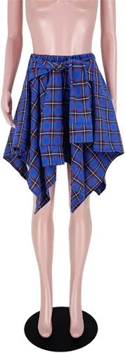 Vista 3 de Faldas a cuadros para mujer, cintura alta, nudo frontal, dobladillo asimétrico, mini falda patinadora