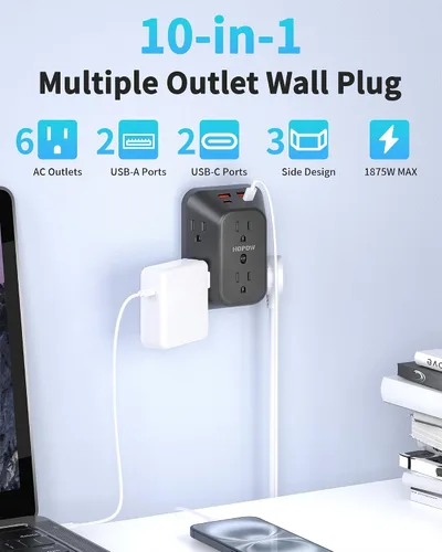 Vista 2 de Cargador de pared USB con protector contra sobretensiones, HOPOW extensor de 6 salidas con 4 puertos de carga USB (2 USB C), enchufe de pared