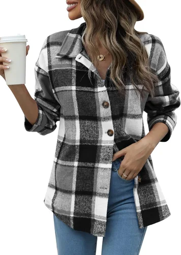 Vista 18 de Beaully Chaqueta-Camisa de Franela a Cuadros para Mujer, Trajes de Otoño 2025, Camisa de Manga Larga con Botones, Chaqueta Abrigo con Bolsillos Negro