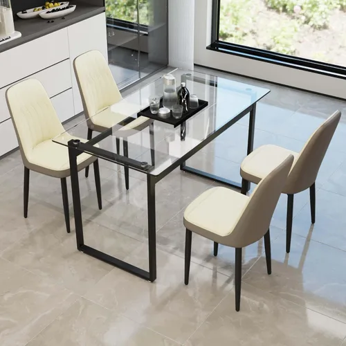 Vista 27 de Juego de mesa de comedor de cristal moderno para 4, juego de mesa de cocina rectangular, juego de mesa de comedor de 5 piezas con 1 mesa de vidrio