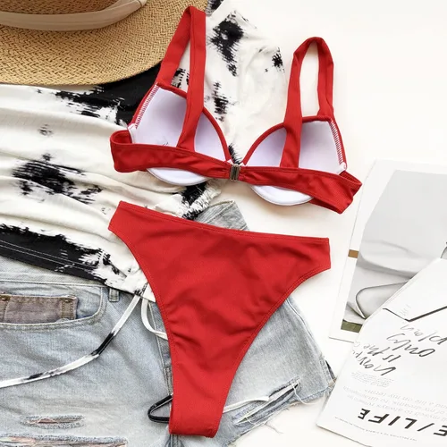 Vista 5 de Conjunto de bikini de dos piezas de corte alto de dos piezas para mujer, con cuello halter, triángulo, con lazo lateral