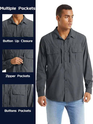Vista 6 de TACVASEN Camisa de pesca para hombre, camisa de manga larga de secado rápido, camisa táctica con botones, camisa de trabajo ligera safari