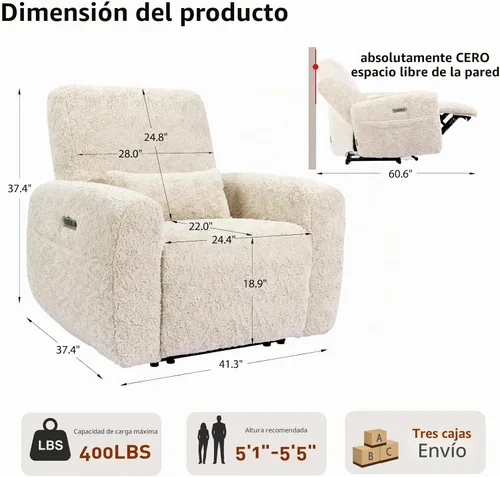 Vista 2 de EONIX Silla reclinable de pared Zero Clearance, tela de felpa prémium Beige