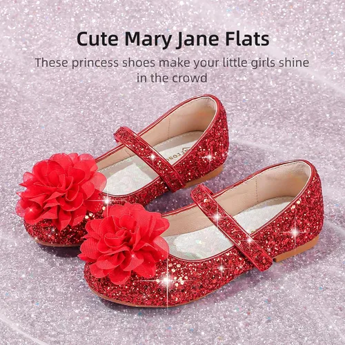 Vista 3 de Parrosoo Zapatos de vestir para niñas, zapatos brillantes Mary Jane, zapatos de ballet con purpurina, tacón bajo, para niña, escuela, princesa