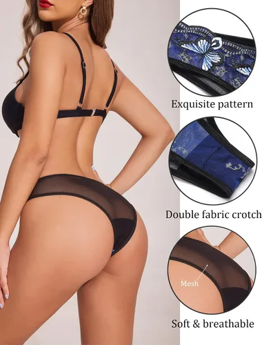 Vista 4 de Avidlove Bragas sexy para mujer, paquete de bragas de malla bordadas con mariposa
