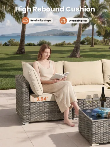 Vista 2 de ovios Juego de muebles de patio al aire libre de 5 piezas con mesa de café, conjunto seccional de muebles de patio con sofá de mimbre para todo tipo