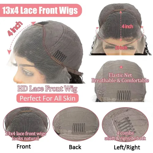Vista 2 de Peluca BOB rizada de cabello humano 220 de densidad 13x4 de encaje frontal HD onda profunda para mujeres negras, sin pegamento, lista para usar