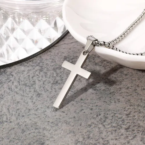 Vista 9 de LUXEJEW Collar de cruz de acero inoxidable para hombres y niños, cadena de eslabones cubanos de plata dorada y negra, cadena de cadena con colgante