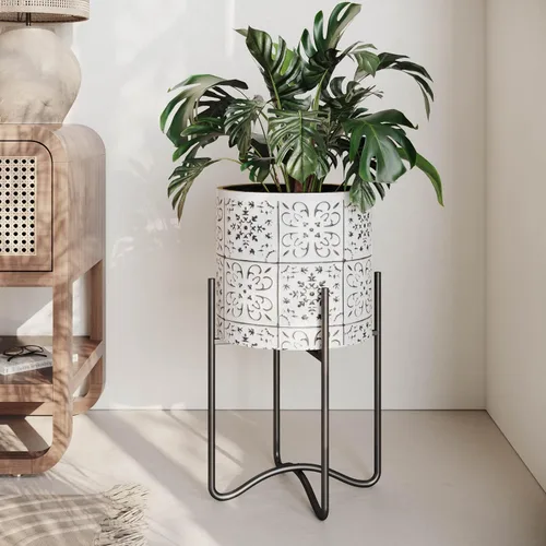 Vista 8 de EverNest Tristan - Maceta neutra de diseño bohemio blanco y negro con soporte Ambrose, macetas SelectBase para plantas
