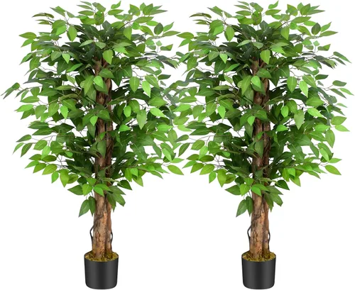 Vista 15 de Árboles artificiales de ficus de 3 pies con troncos naturales curvados, árbol exuberante de 36" de altura, árbol falso de ficus realista en verde