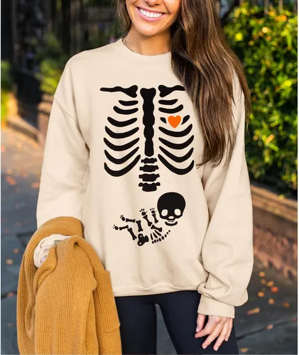 Vista 4 de Sudadera de esqueleto de rayos X para mujer, sudadera de maternidad de Halloween, cuello redondo, sin botones, para anuncio de embarazo