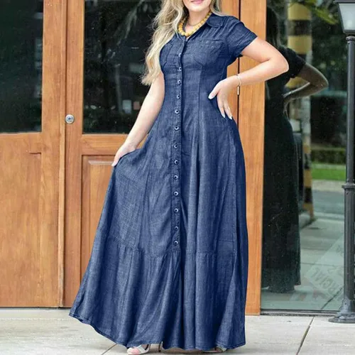 Vista 7 de GIFZES Vestido de mezclilla acampanado elegante con dobladillo con volantes, bolsillo de parche, cintura alta, manga corta, perfecto para ocasiones