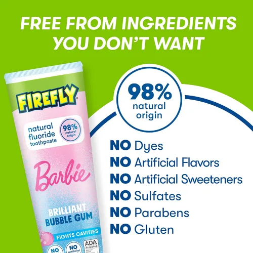 Vista 4 de Firefly Pasta dental anticaries con flúor natural para niños, Barbie, sabor a chicle (4.2 onzas)
