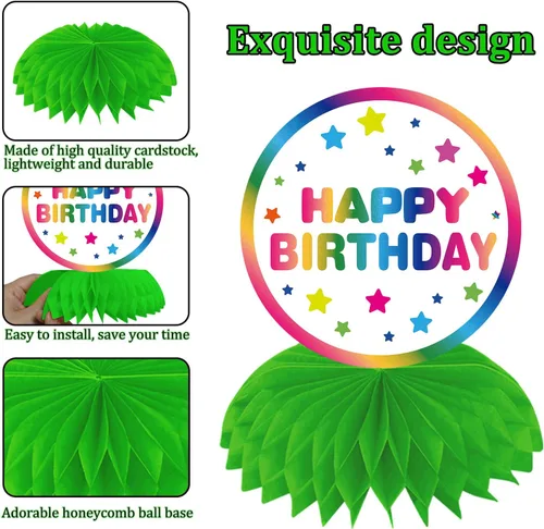 Vista 5 de Decoraciones de cumpleaños arcoíris para mesas, centros de mesa coloridos de panal